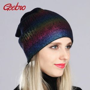 Gorro/bonés de caveira Geebro gorros bronzeadores femininos chapéu de lã de primavera gorro desleixado para mulheres senhoras cor metálica boné de caveira balaclava 231102