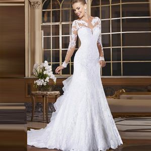 Mütevazı Uzun Kollu Denizkızı Dantel Aplikler Gelinlik Düğmeleri Geri Bayanlar Gelin Gowns Fishtail Custom Vestidos de Mariage Bahar