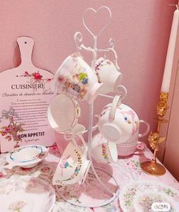 Kök förvaring 1 Set Pink Bow Wood Coffee Tea Cup Holder Stand Home Mug Hanging Display Rack Drinkware Shelf med 6 krokar