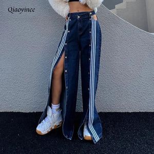 Women's Jeans Blue Slit Wide Leg Pants Tooling Style Stitching Two Sides Buttoned Striped Trend Personality Street Long Jeans 231102