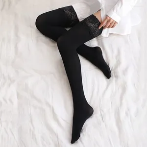 Calze da donna Calze di velluto da donna 100D con pizzo tinta unita femminile sopra il ginocchio calza tubolare standard lunga per ragazze JK
