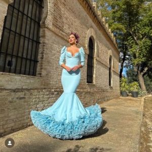 Casual Dresses Flamenco Maxi Ruffles Dancing Wear Elegant Long Prom Gowns Sky Blue Mermaid Sleeves Layered Party Tiered
