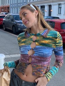 Women's Knits Y2K Cut Out Tie-Dye Knitted Crop Tops Women Autumn Cardigan Sweater Long Sleeve Buttons Slim Shirts Female Streetwear