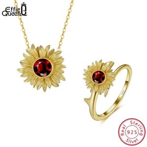 Conjuntos de jóias de casamento Effie Queen Lindo Natural Red Garnet Sunflower RingNecklace Set 14K Gold Over Genuine 925 Sterling Silver SSGM12 231101