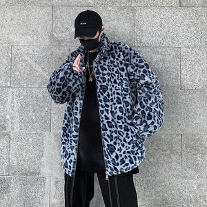 Kurtki męskie zimowe polarowe puszyste men kurtka hip hop streetwear harajuku miejska rozmyta zamek błyskawiczny cienki płaszcz unisex lampart druk kobiety