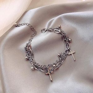 Charme Armbänder VSnow Luxus Kreuz Anhänger Armband Für Frauen Entworfen Stil Perlen 2 Schicht Metall Verbundene Kette Party Schmuck