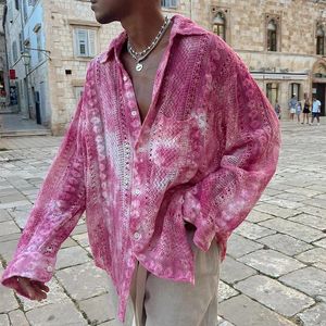 Camicie Casual da uomo Camicia da uomo in pizzo scavato Primavera Estate Tendenza moda Top in rete Streetwear Camisas De Hombre a maniche lunghe