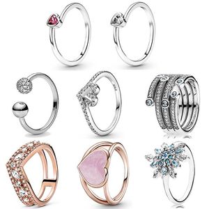 925 Silver Women Fit Pandora Ring Original Heart Crown Fashion Rings Red Tilted Heart Solitaire Pink Swirl Enamel Ocean Frosty Open