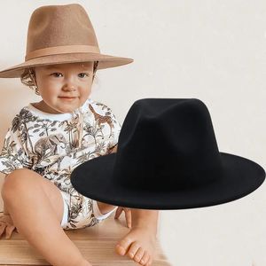 Wide Brim Hats Bucket Hats British Style winter Child wool solid Classic fedoras cap Boy Girls panama jazz hat Big Wide Brim black Fedoras 52-54CM 231101