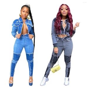 Women's Two Piece Pants Patchwork 2 Pieces Jeans Suit Long Sleeve Sets Single Breasted Turn Down Collar Crop Top And Club Outfit