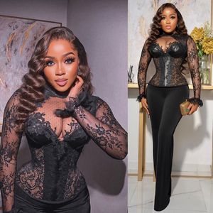 Aso Ebi Jumpsuit Prom Dresses One-Piece Black Pant Suit Ruffled Long Sleeves Lace Party Second Reception Gowns Plus Size Evening Dress