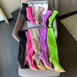 GR High Quality Satin Splicing Transparent leather Open Toe Over The Knee Boots Women Fashion Grace Pointer Toe Party Shoes high heel pvc long boots