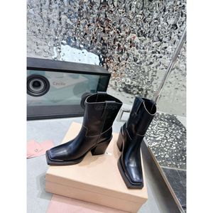 Miui worn-out high leather dark thick shoe Genuine heeled denim boots women's metal sheet Martin boots square toe sleeves Chelsea short boots