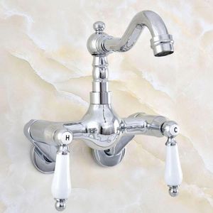 Kitchen Faucets Silver Chrome Brass Wall Mounted Double Handles Bathroom Sink Faucet Mixer Tap Swivel Spout - Adjusts From 3-3/8"