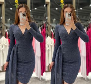 Africano sexy bainha vestidos de festa de cocktail para mulheres profundo decote em v mangas compridas lantejoulas acima do joelho meninas vestidos de baile curto celebridade vestidos de noite