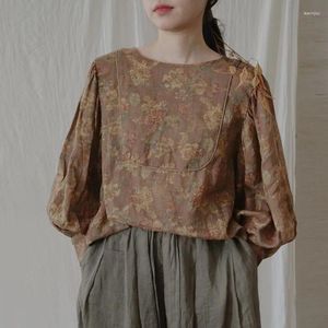 여자 T 셔츠 Johnature Women Print Floral Vintage Linen 티셔츠 퍼프 슬리브 O- 넥 느슨한 티 2023 가을 중국어 스타일