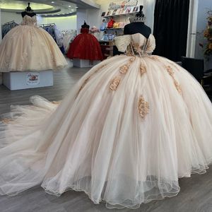 Omuzdan Şampanya Quinceanera Elbiseler Tül Aplikler Çiçek Boncuklar Pageant Dantel Yukarı Vestidos de 15 Anos Prenses Balo