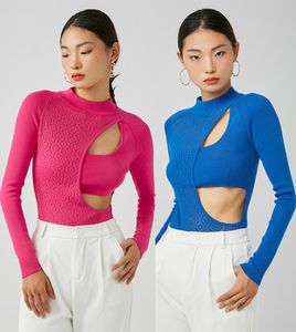 2023 nuove donne sexy top scava fuori lussazione colletto alla coreana a maniche lunghe pullover solido tuta alta strecth tuta top