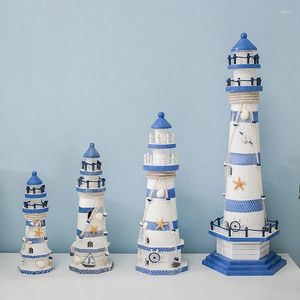 Decorative Figurines Mediterranean Style Stripe Lighthouse Simulation Model Handmade Wooden Watchtower Observation Tower Ornaments Craft