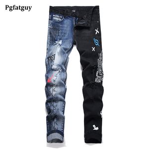 Slim-Fit Stretch Men's Ripped Jeans Blue and Black Letter Printed Streetwear Spring Autumn Holes Punk Denim Cotton Pants