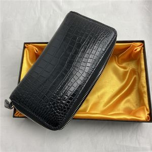 Carteiras Galetas Caso de crocodilo genuíno Titulares de cartão preto Zipper Men Long Carteira Real Aligador Couro Macho Pequeno Emprega Bolsa