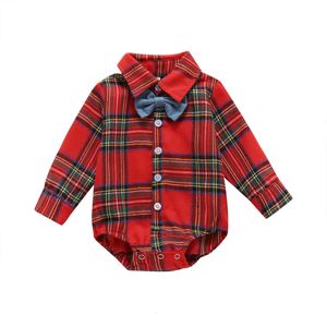 Rompers Boże Narodzenie chłopców dżentelmeni Bodysuits 2pcs Zestaw maluch Lapel Plaid Button Long Sleeve Romper Blue Bow Town for Children 231101