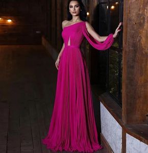 Neu Kommen Fuchsia Abendkleid 2024 A-Linie Eine Schulter Falte Boden Länge Chiffon Formale Party Prom Kleider Benutzerdefinierte Größe robe De Soiree