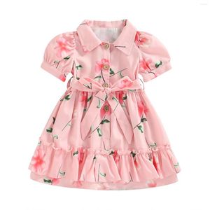 Girl Dresses Infant Kids Baby Floral Dress Short Sleeve Lapel Neck Button Front Tie Up Straps Waist Ruffle Hem Princess Gown 6M-4T