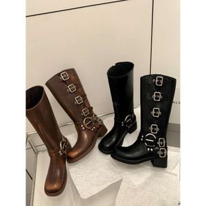 miui Shoe Menglings Sleeve Mid Best-quality High Same Style~amius Western Cowboy Boots Female Knight Boots Coarse Heel Motorcycle Boots