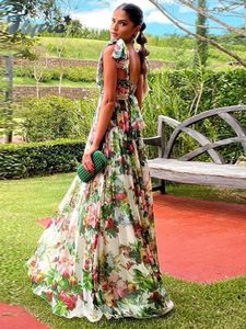 Casual Dresses Women Elegant Backless Flower Print Maxi Dress Square Neck Sleeveless Party Autumn Female Chic Club Evening Vestidos