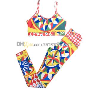 Women Colorful Fitness Tracksuit Geometric Print Sport Outfit High Waist Gym Leggings Fashion Split Tracksuits