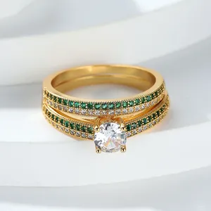 Cluster Rings Cute Female Green White Bridal Ring Set Fashion 18KT Gold Color Wedding Band Jewelry Promise Round Engagement For Women CZ