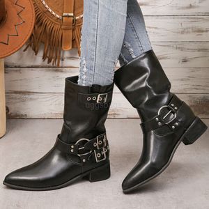 Miui Boots Schuh Western Cowboy weibliche Punk -Gürtelschnalle Martin Stiefel Zuhause Erhöhte braune mittlere Barrel Ritterstiefel