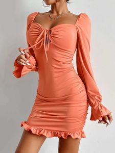 Urban Sexy Dresses Long Sleeve Lace Up BodyCon Mini Dress Women's Open Back Pleated Skinny Hip Wrap Party Nightclub Flounce