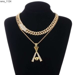 Hot Sale Sports Shiny Fancy Fashion Full Drill Alloy Jewelry Letter A Baseball Pendant with Cuban Chain Necklace Set