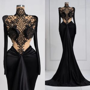 Schwarze Kleider 2023 Abend Lange Ärmel Meerjungfrau Illusion Mieder Kristalle Pailletten Hoher Kragen Satin Bodenlang Plus Size Abendkleid Formelle Custom Vestidos