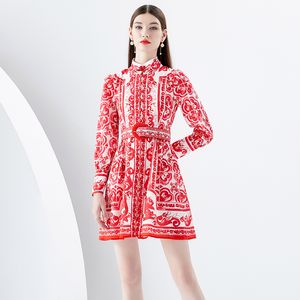 Kvinnor Paisley Floral Red Mini Dress with Belt Spring Autumn Designer Stand Collar Elegant Fit Fitted Vintage Party Dresses 2023 Långärmad semesterbanor.