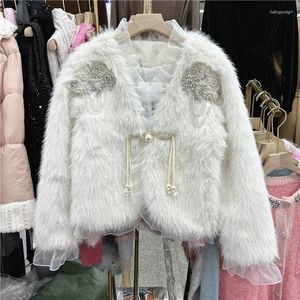 Pele feminina coreano pérola frisado renda costura curto falso jaqueta outono inverno feminino com decote em v manga longa doce imitação casaco branco