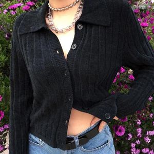 Women's Knits Streetwear Gothic Punk Dark Black Sweater Woman Long Sleeve Turn Down Collar Buttons Knitted Cardigan Female