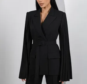 Women's Two Piece Pants Elegant Slim Women Suits Black Formal Full Sleeves Blazer Peaked Lapel With Belt Plus Size Custom Made Mother Of The