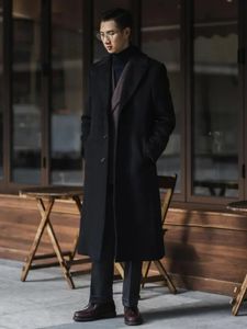 Herr ull blandar Autumn Winter Long Warm Black Trench Coat Men Single Breasted Luxury Overcoat 2024 Högkvalitativa kläder 231102