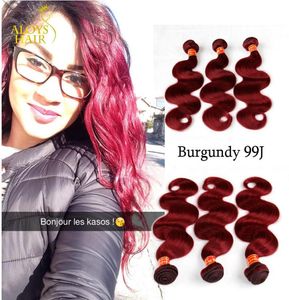 Bourgogne brasiliansk jungfru hår väver buntar kroppsvåg jungfru peruansk malaysiska indiska remy mänskliga hårförlängningar vin röd 99J t3536334
