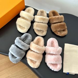 Luxury Fashion Päls tofflor Fluffiga Shearling Sandals Slide Womens Winter Wool Snow Shoes Scuffs Luxury Designer Slides Women Outdoor Flats Shoes 35-41 med Box