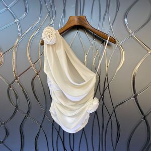 Canottiera drappeggiata in tessuto satinato con applicazioni floreali 3D a spalla singola da donna SMLXL