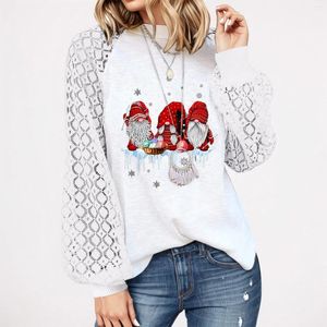 Women's T Shirts Christmas Women Faceless Doll Printed Shirt Lace Crochet Long Sleeve Crewneck T-Shirts Knit Pullover Loose Blouses Tee Tops