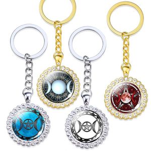 Keychains Triple Moon Pentagram Keychain Glass Cabochon Rhinestone Goddess Jewelry Occult Gothic Wicca Keyring Keyholder
