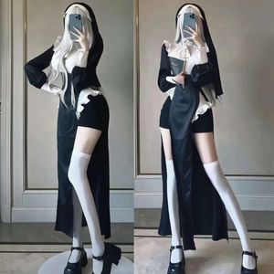 Freira terno cosplay halloween uniforme de natal sexy vestido de empregada irmã traje branco peruca longa cosplay