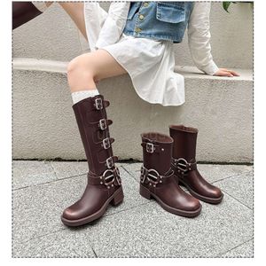 Miui Belt * Family Knight Boots Buckle shoe Thick Heel Martin Boots Female British Knee Length Boots Western Cowboy Boots