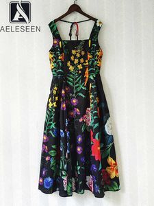RUKAS Bohemian Summer Women Dress 2023 Runway Fashion Spaghetti Strap Colorful Flower Print Beading Crystal Black Long Party