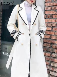 Kadın yün harmanları ucxq beyaz yünlü palto kadınlar mid -ceket sonbahar ince siyah çifte yangözlü dış giyim trençkot 231101